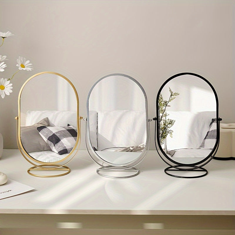 360° rotatable freestanding makeup mirror with iron frame, high-definition surface, perfect for bedroom or vanity table.