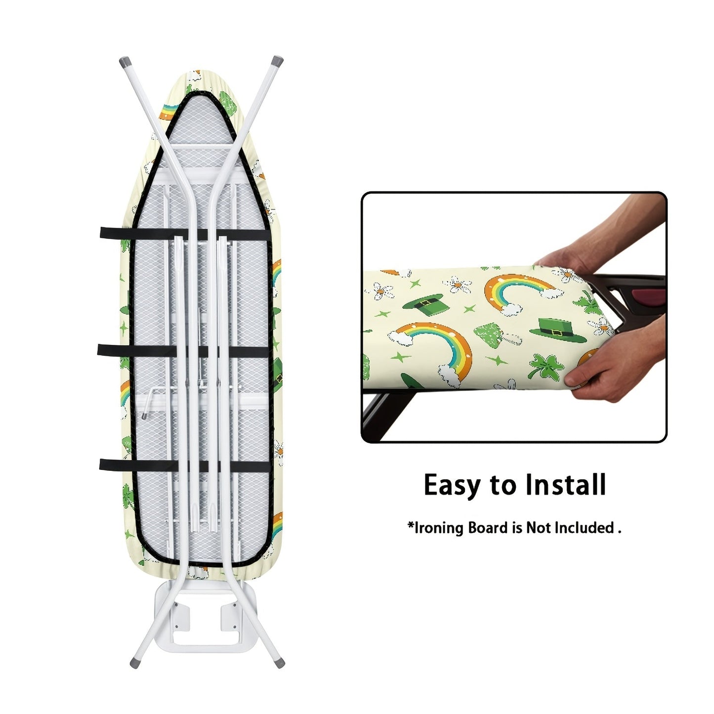 Transform your ironing board with the 1pc RSHUBINO Festive Ironing Board Cover. Made of polyester with an elastic edge and magic tape, this cover is dustproof and protective. Featuring charming heart and shamrock designs, it adds a festive touch to your