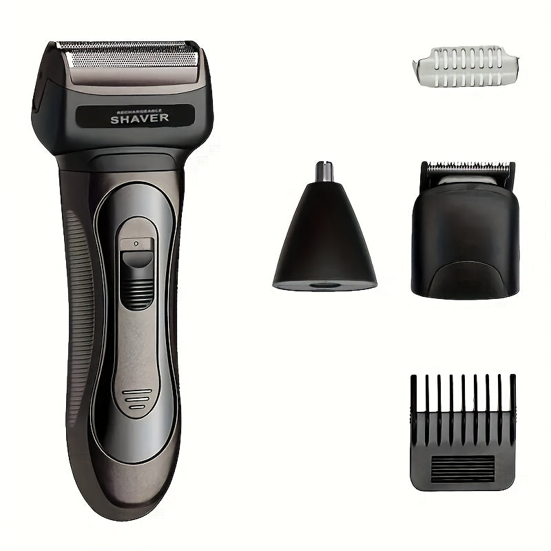 USB rechargeable electric shaver, nose hair trimmer, and hair clipper in one grooming kit. Includes 600mAh nickel battery and hypoallergenic precision blades. Made of durable ABS plastic.