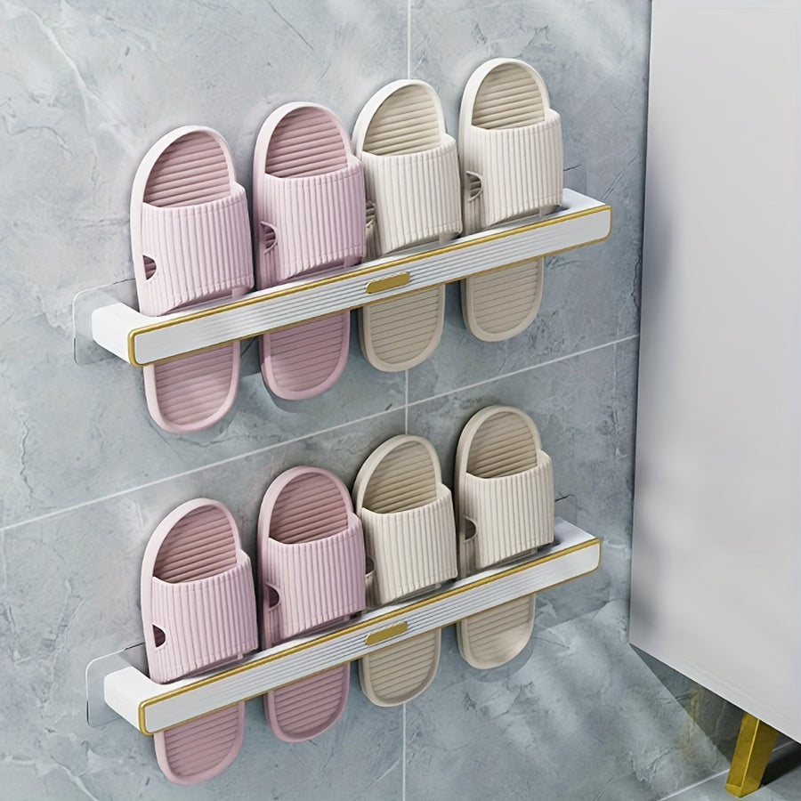 Wall-mounted slipper rack shelf with non-perforated design, waterproof and moisture-proof for storing towels and other items. Versatile for use in kitchens, living rooms, and various environments.