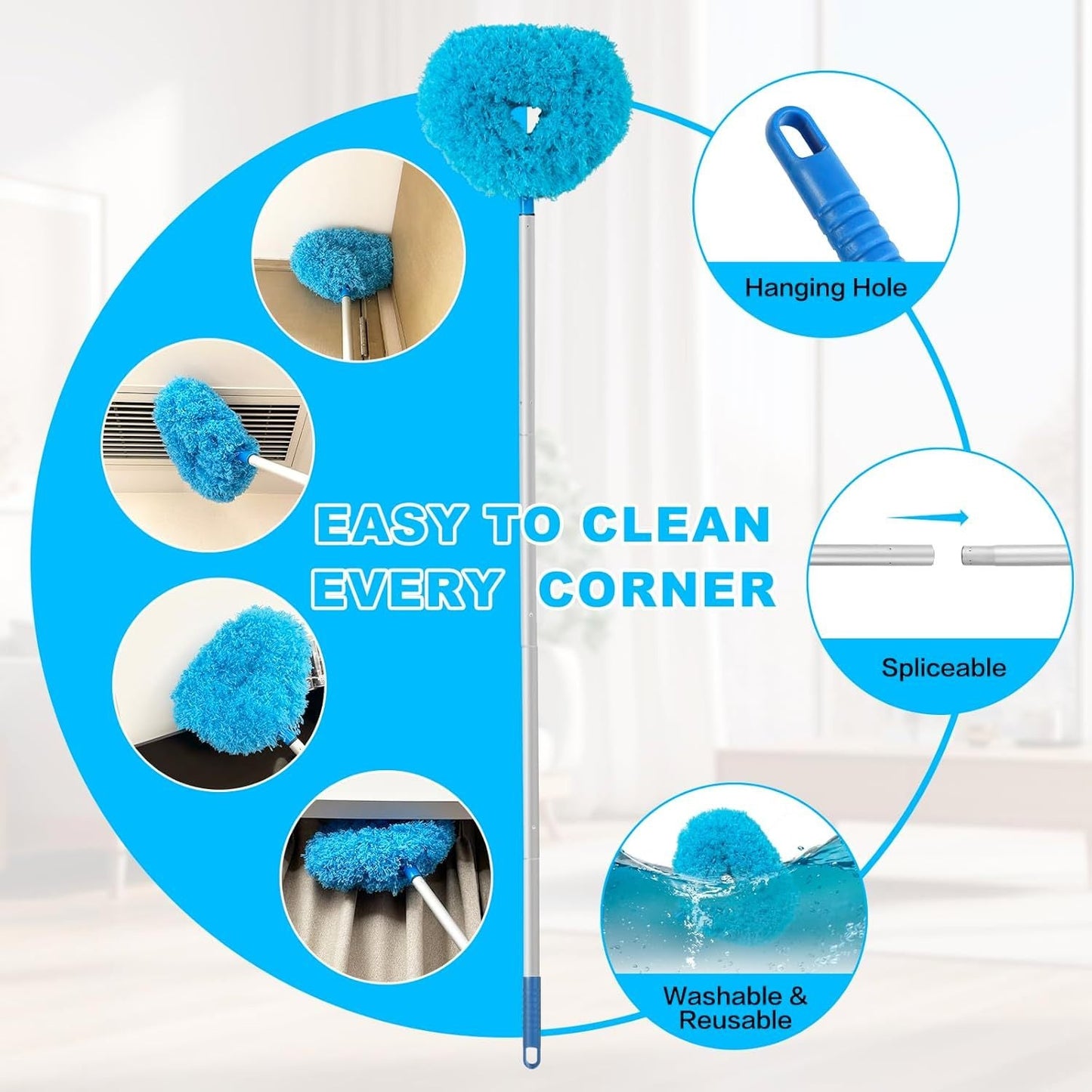 Extendable Microfiber Ceiling Fan Duster with Adjustable Pole, Flexible Angle for Furniture Cleaning in Living Room, Shelves, Windows, and High Spaces. No Electricity Required.