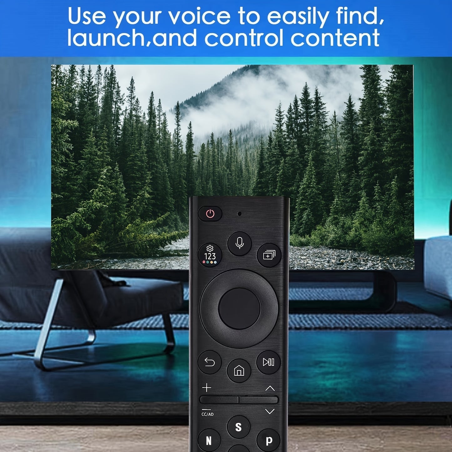 2022 model voice remote for Samsung Smart TV, compatible with 2018-2022 models, infrared & wireless, battery powered, voice search, battery not included.