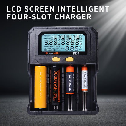 PowerKan 4-slot USB rechargeable battery charger with LCD screen and intelligent PD charging. Supports 18650, LiFePO4, Ni-MH, and Ni-CD batteries with operating voltage up to 36V. Features