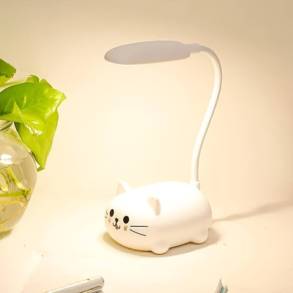 Adjustable Cartoon Cat LED Night Light in Pink/Green/Blue/White, USB Rechargeable with Flexible Neck for Easy Positioning. Eye-Caring Desk Lamp for Youngsters. Cute Smiling Cat Design.