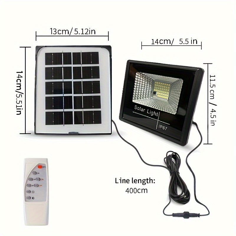 Solar floodlight with remote control, adjustable spotlight, automatic on/off LED light for outdoor safety from dusk to dawn in yards, gardens, pavilions, sheds, barns, and garages.