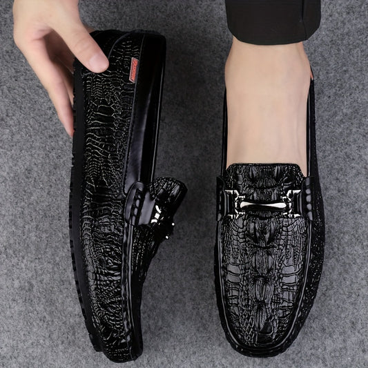 Men's lightweight slip-on loafers made of split cow leather with solid color. Features a comfortable non-slip rubber sole, suitable for casual or dress wear.