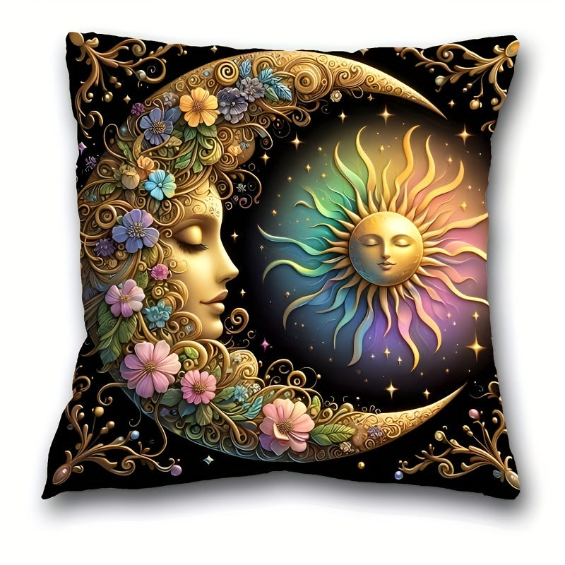 Bohemian-style celestial sun and moon pillow cover, 44.96x44.96 cm, machine washable polyester knit fabric, ideal for home and bedroom decor. Zippered decorative cushion cover, perfect for living room. Architectural collectible accessory (pillow insert