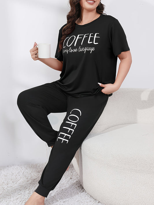 Plus Size Women's Lounge Set featuring Slogan Graphic Top and Joggers