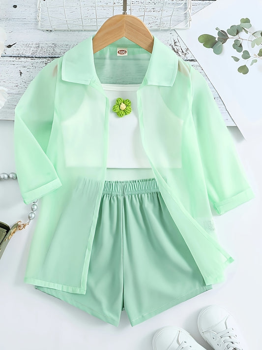 3 Piece set for girls' outdoor activities including ultra-thin long sleeve semi-sheer shirt, cami crop top, and shorts.