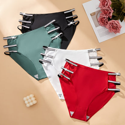 4-Pack Plus Size Women's Hand Triangle Panties in elegant solid color, knit fabric with 89% Polyester and 11% Elastane, medium stretch with lash sets.