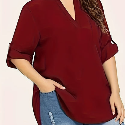 V Neck Long Sleeve Blouse for Spring & Fall, Plus Size Solid, Women's Clothing