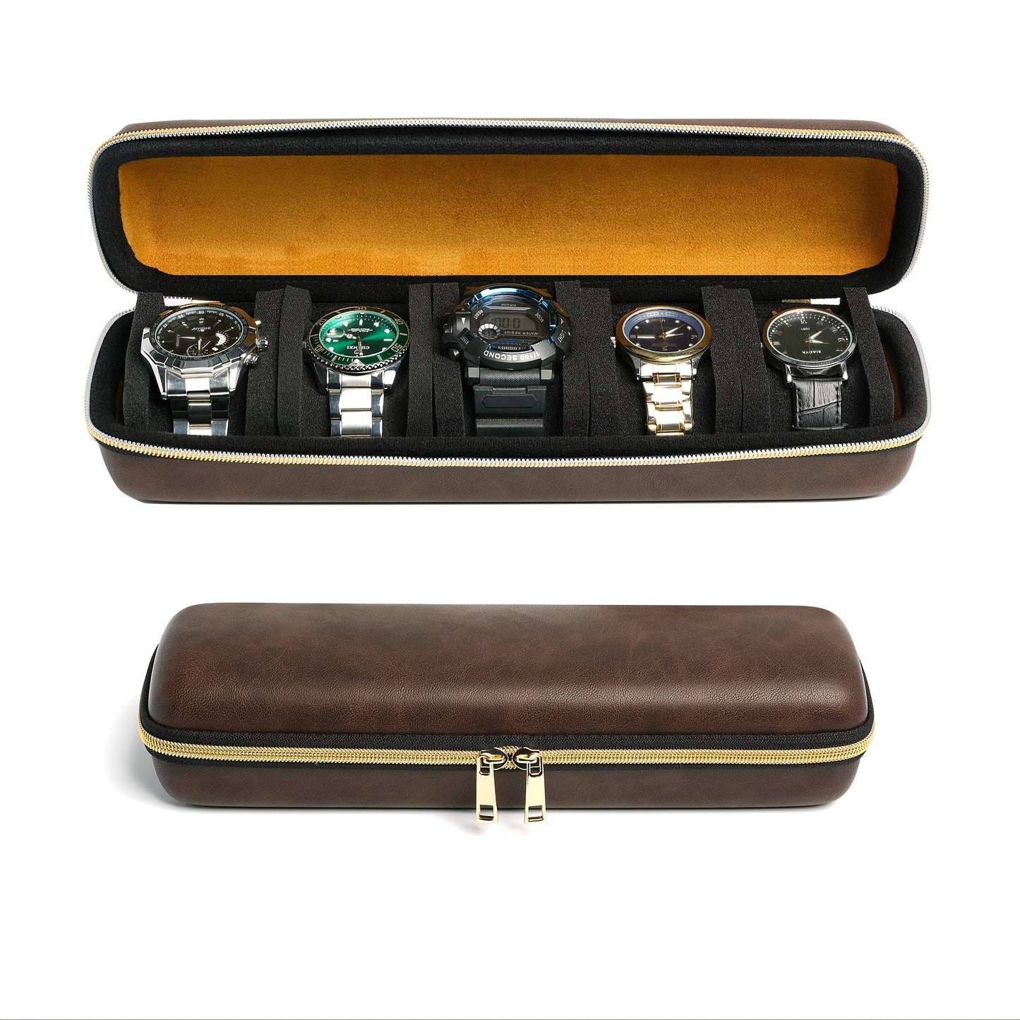 This top-of-the-line faux leather watch box is designed to store up to 5 watches. It features a durable hard shell, making it ideal for travel. The soft velvet lining ensures that your watches are protected, while the 5 customized shockproof pillows keep