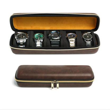 This top-of-the-line faux leather watch box is designed to store up to 5 watches. It features a durable hard shell, making it ideal for travel. The soft velvet lining ensures that your watches are protected, while the 5 customized shockproof pillows keep