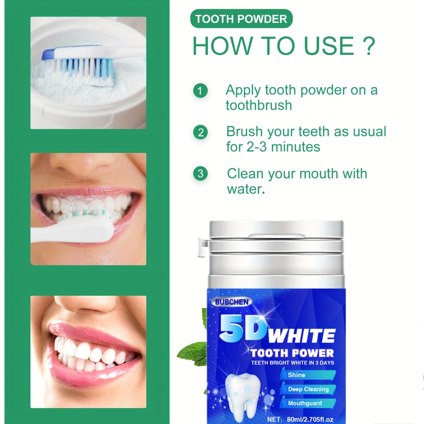 1 bottle of Bubchen 5D White Toothpowder - 80ml, with Pearl Powder for deep cleaning and brightening dental care, ideal for women.