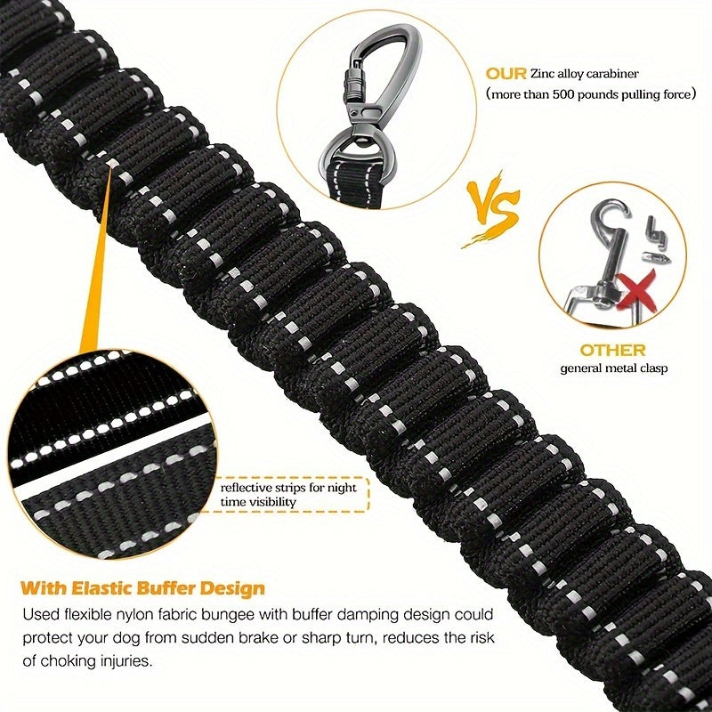 Bungee dog leash with 2 padded handles, reflective threads for medium to large dogs, 4-in-1 multifunctional design with car seat belt.