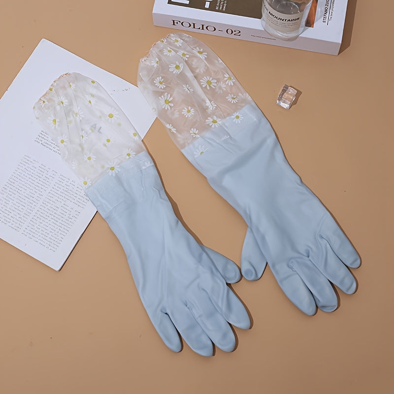 Two waterproof PVC cleaning gloves featuring a colorful daisy pattern, designed for a secure grip while washing dishes. Ideal for use in the kitchen, home, laundry, bathroom, toilet, living room, and bedroom. These gloves are non-toxic, multifunctional