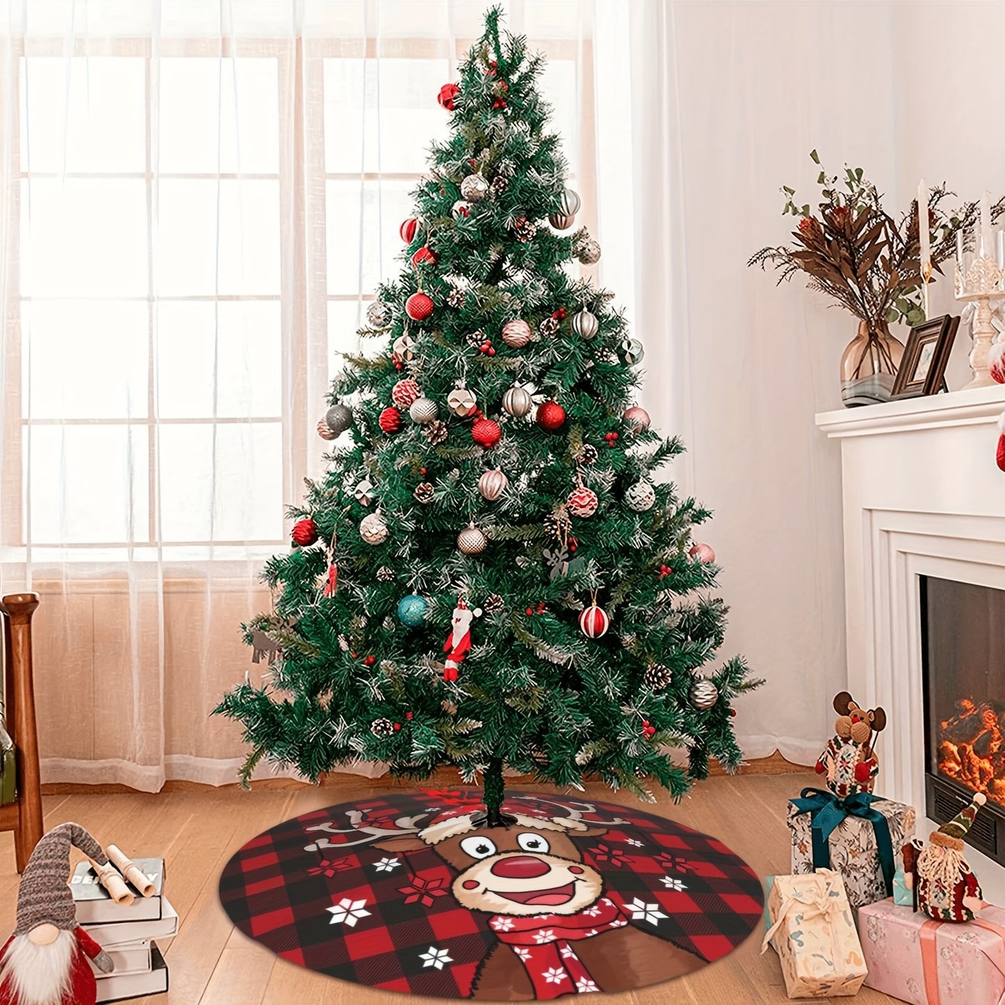 Festive Santa Claus snowflake Christmas tree skirt - Ideal for holiday parties and home decor.