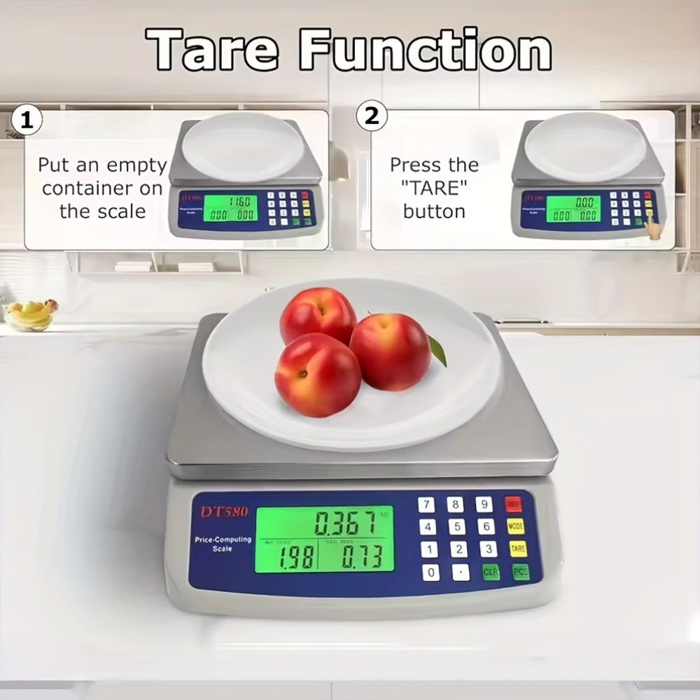 30kg digital kitchen scale with LCD display, 1g precision, tare function, and price computing. Suitable for food contact, battery powered (batteries not included).