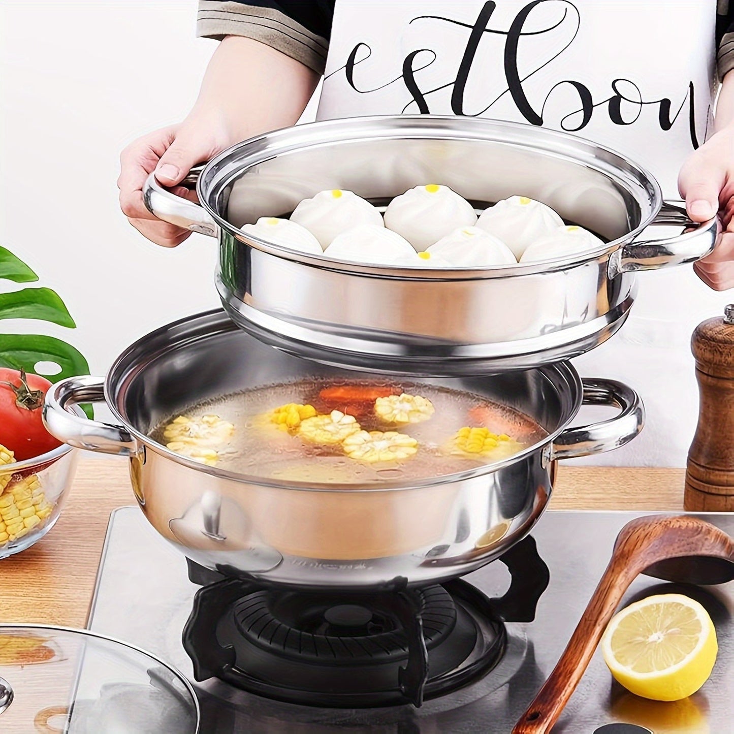 Stainless Steel 2-Tier Steamer Pot with Lid - Ideal for Cooking Vegetables, Dumplings, Stocks, Sauces, and More