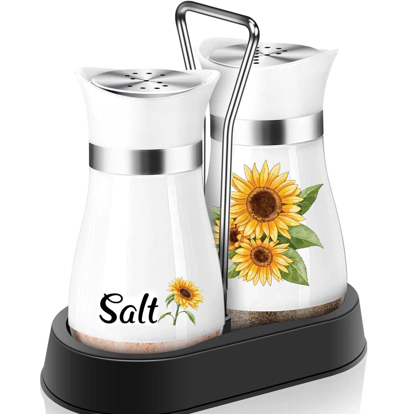 Salt and pepper shakers set with stainless steel bracket and electroplated handle, perfect for table, RV, camp, or BBQ.