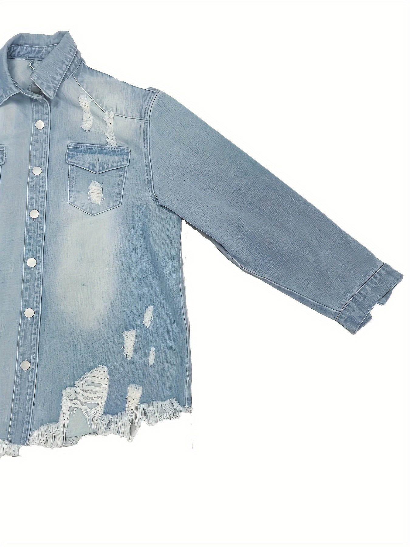 Women's oversized denim jacket with asymmetrical hem, lapel collar, and raw hem detail. Made from non-stretch 100% fabric, suitable for all seasons.