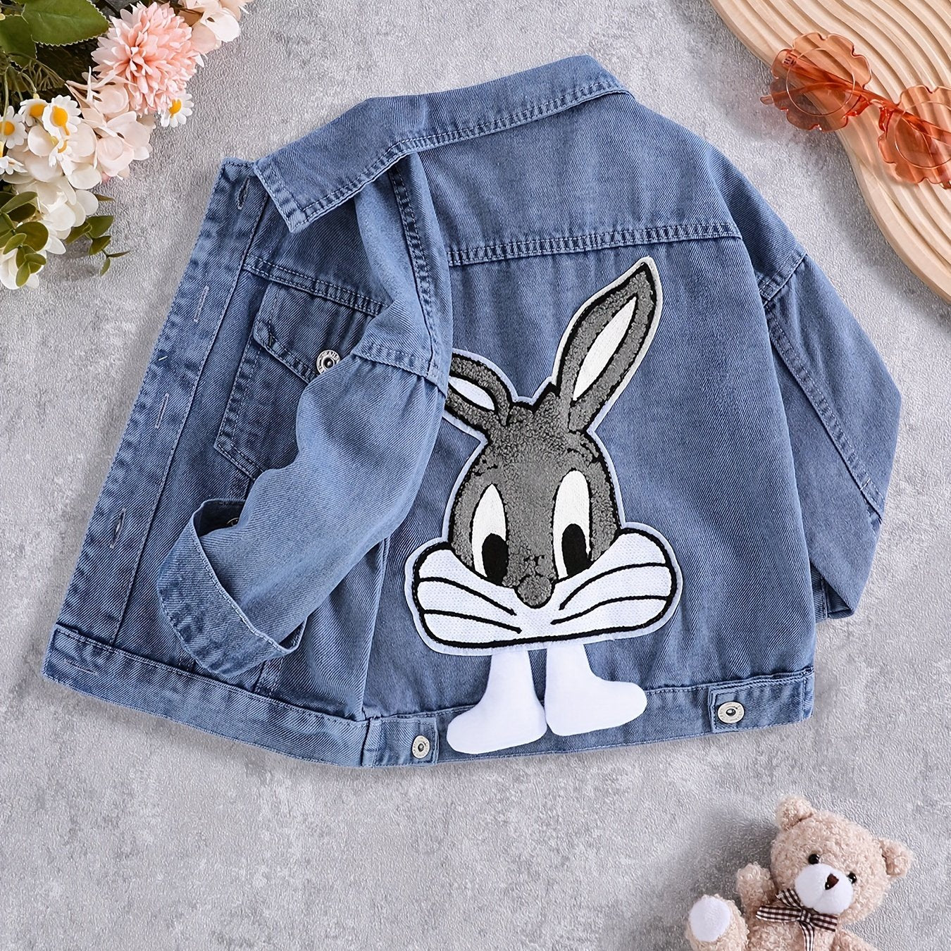 Rabbit embroidered denim jacket for girls, featuring drop shoulder lapel collar, button closure, and animal pattern on non-stretch fabric. Regular fit perfect for fall/winter.