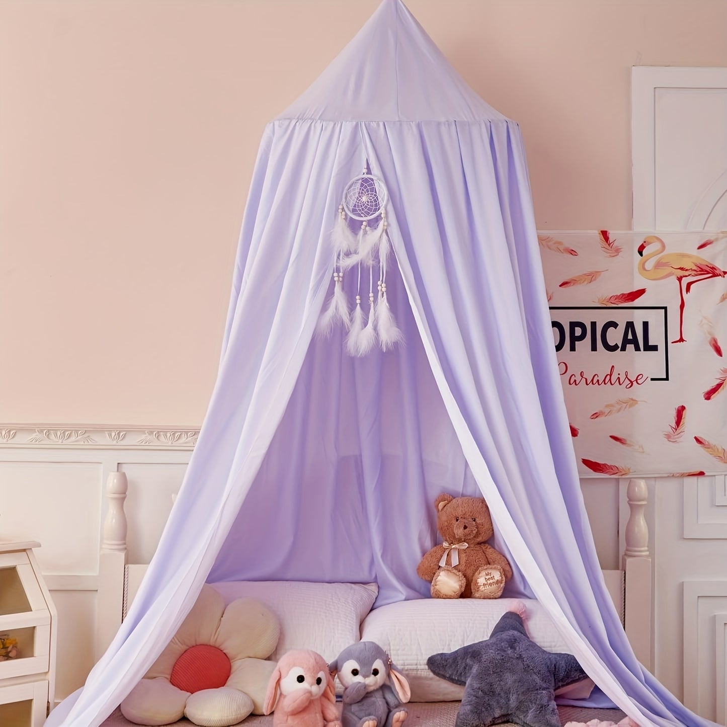 Princess style kids bed canopy made of soft polyester fabric, machine washable, dreamy mosquito netting. Perfect for a contemporary reading nook tent in a girls room. Indoor use, 100-120 gsm.