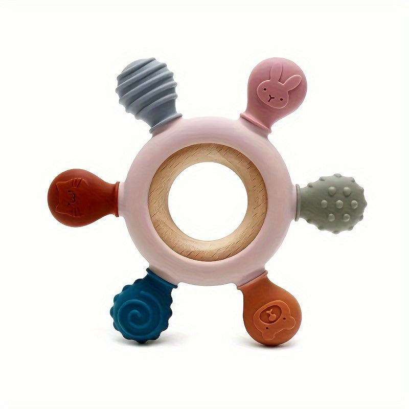 Wooden Baby Teether Ring Shaped like a Rudder, BPA-Free Silicone Material, Ideal Teething Toy for Babies, Perfect Gift for Boys and Girls, Includes Baby Accessories