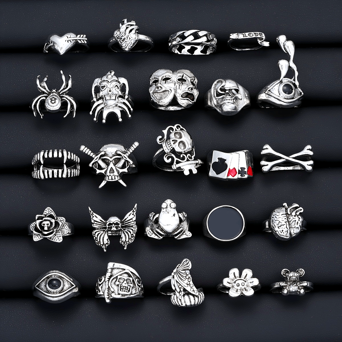 Collection of 24 edgy Gothic punk poker cards featuring skull, wings, pirate, frog, heart, eyes, tears, and stacked rings. Perfect for gifting to girlfriends, ideal for ladies' parties, holidays, and everyday use.