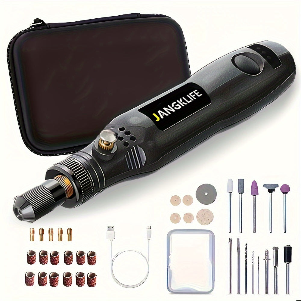 Cordless rotary tools set including rechargeable engraving pen, electric adjustable-speed engraving pen, and portable wood carving tools for grinding, polishing, and etching.