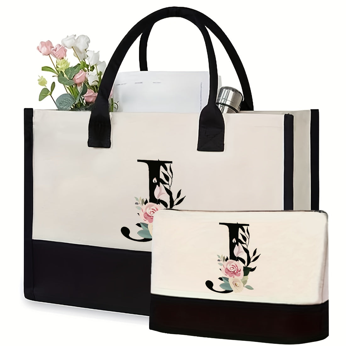 Custom canvas cosmetics bag with assorted colors, fixed straps, and random prints.