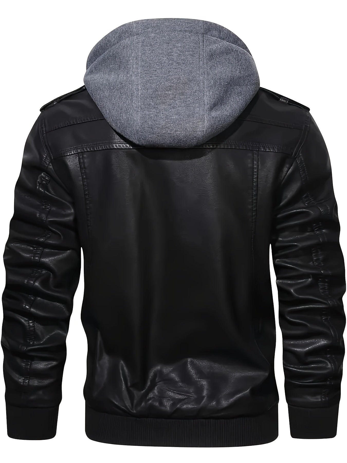 Men's casual faux leather jacket with hood, multi-pocket design, regular fit, solid color, polyester lining, woven fabric - Pearson OBM.