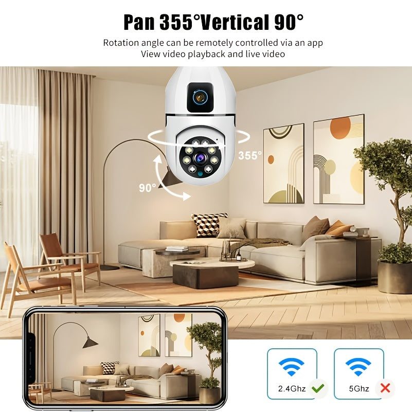 Experience ultimate peace of mind with the YIIYRY 1pc 1080P Dual Lens Smart Security Camera. Featuring night vision, two-way audio, remote viewing via smartphone, Wi-Fi connectivity, USB power options, and cloud/SD card storage. Take control with pan and