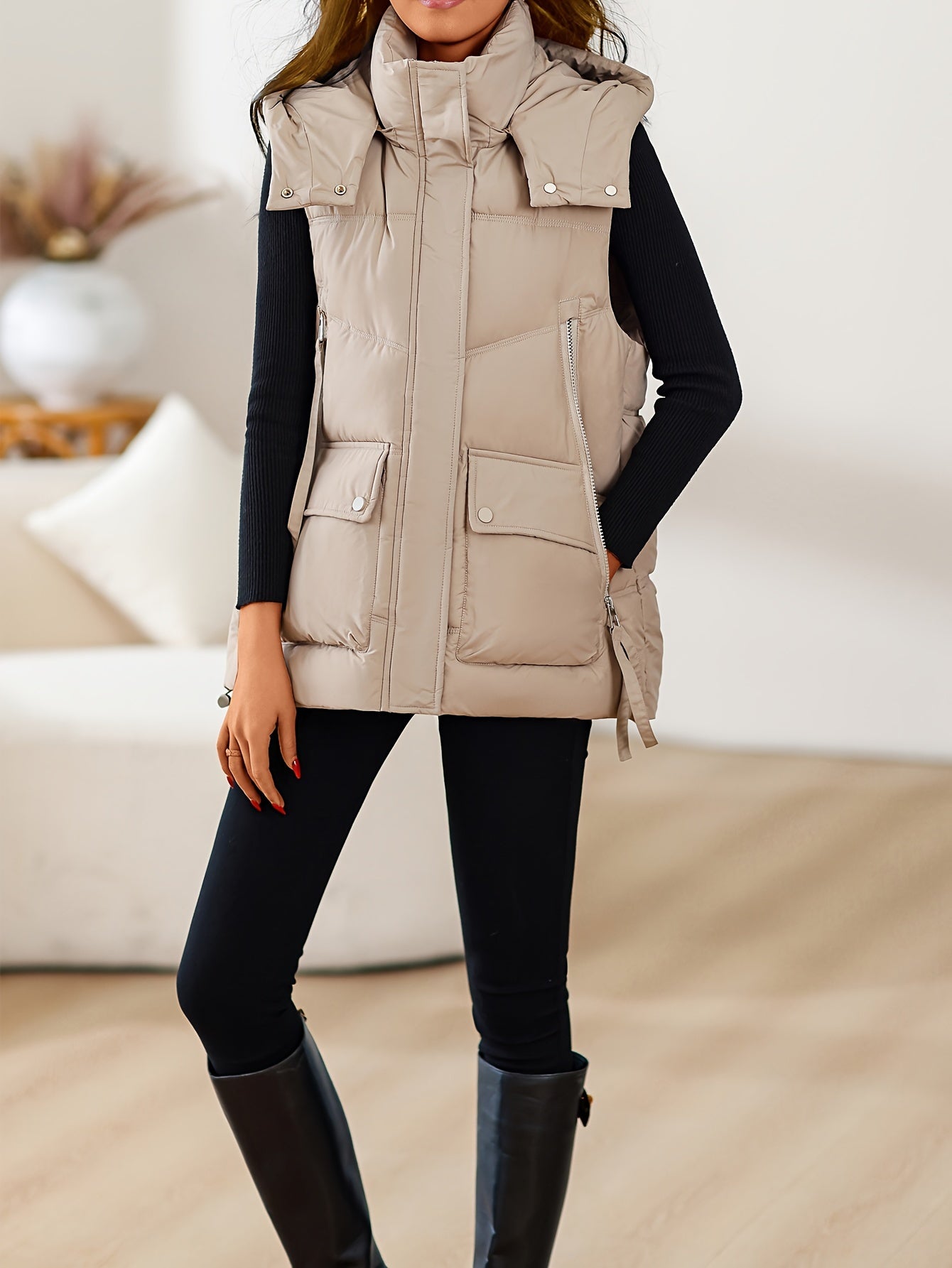 Solid color padded vest jacket for fall & winter, plus size women's clothing with stand-up collar.