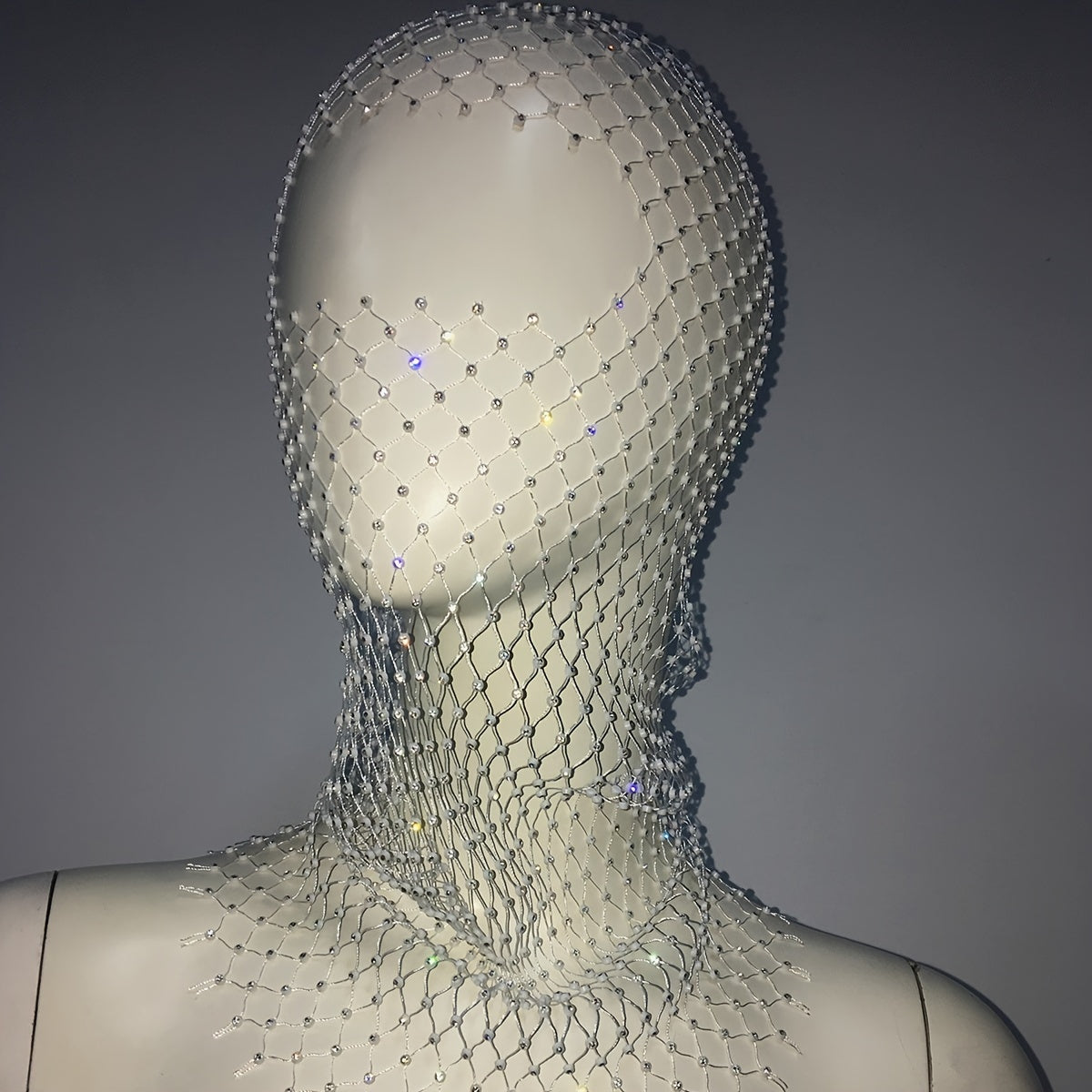 Stylish Fishnet Grid Hollow Mask Mesh Cap with Rhinestone Inlay for Women