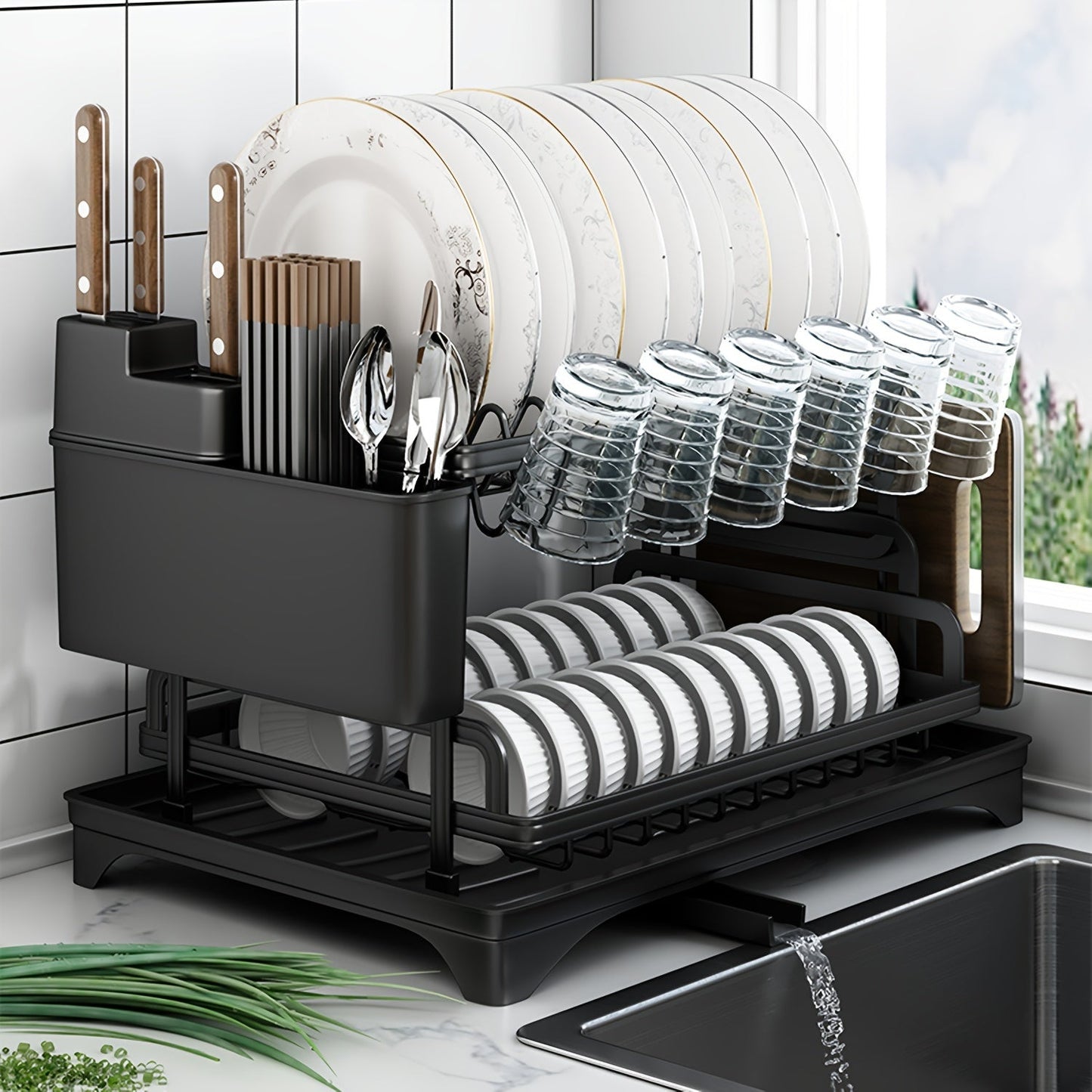 This 2-Tier Iron Dish Drying Rack comes with a Drainboard, Cutlery Holder, Knife Block, and Glass Holder. It serves as a Kitchen Countertop Plate Bowl Organizer and makes the perfect gift for Women on Mother's Day.