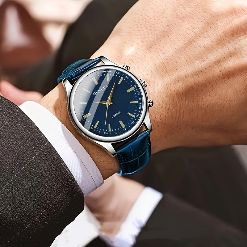 Men's quartz wrist watch with alloy case and faux leather strap. Features round dial, anti-seismic design, and button battery for fashionable business wear.