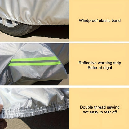 Car cover with UV and dust protection, suitable for cars, pickups, SUVs, and hatchbacks. Features reflective strip for added protection. Suitable for outdoor use.