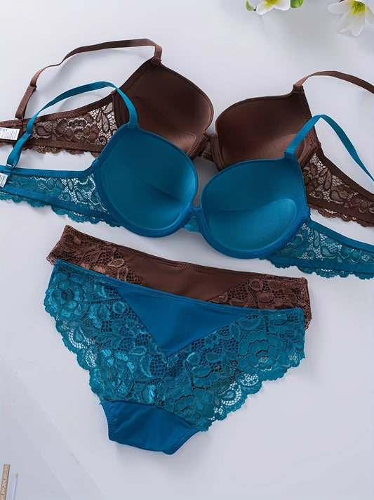 Teal and Brown Lace Lingerie Set - Adjustable Push-Up Bra with High-Support Panties, Non-Padded, Nylon/Elastane Blend