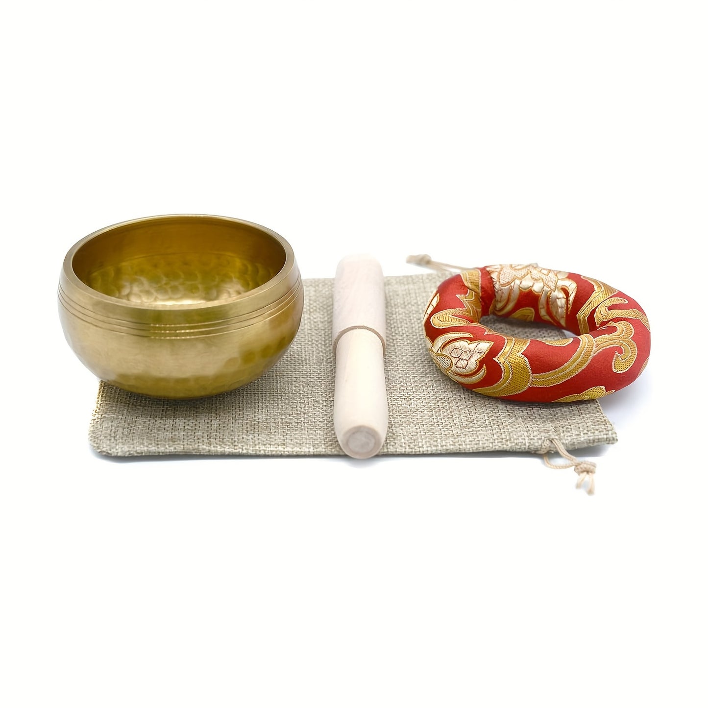 Golden copper Tibetan singing bowl set for relaxation and mindfulness meditation, includes wooden striker. Ideal for yoga, reiki, and travel, portable for office, retreats, and meditation.