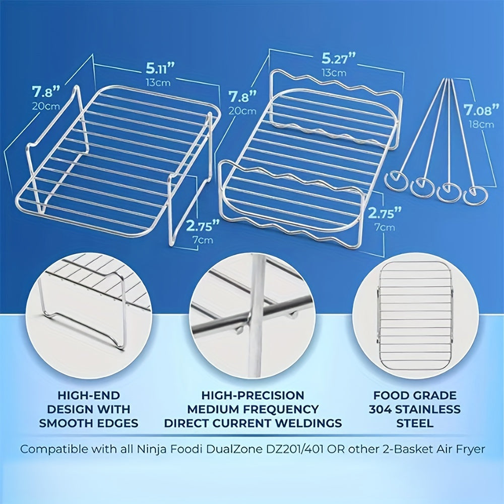 This set includes 9 pieces and is designed for use with air fryers such as the Ninja Dual AF300Uk, Instant Vortex Plus, Salter EK5196GW, Ultenic K20, and other 7.6L rectangular air fryers. The accessories in this set include 2 grill racks, 4 skewers, 1