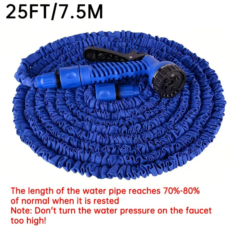 Magic Retractable Garden Hose with High Pressure and Multi-Function capabilities, includes extendable nozzle, rubber material, connectors, cleaning tool, and dust removal. Comes in