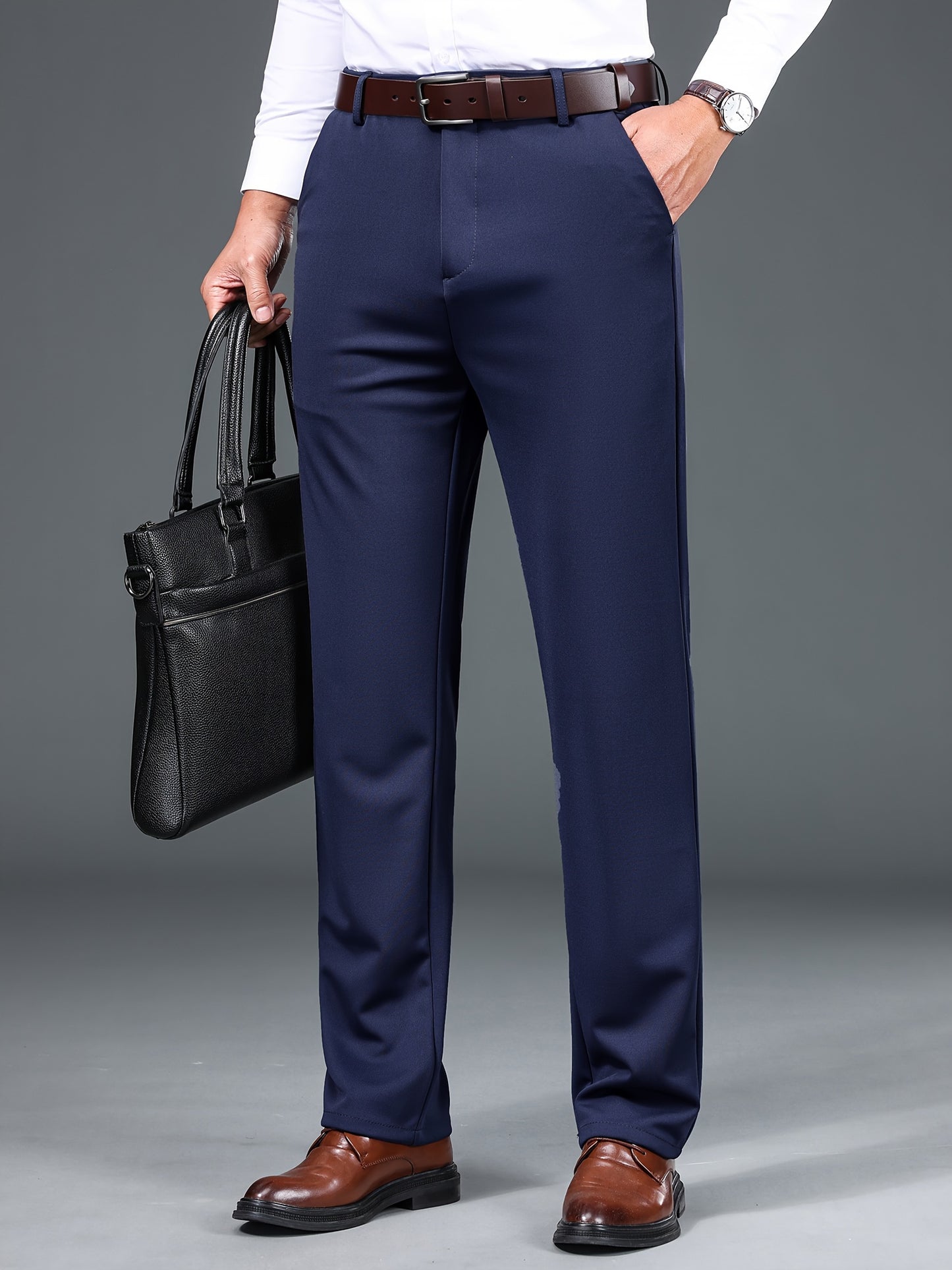 Men's solid color straight leg pants suitable for both business and casual wear.