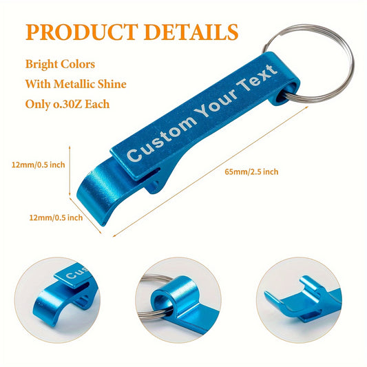 30 personalized keychain bottle openers, ideal for weddings and promotions, durable and lightweight, no power needed.