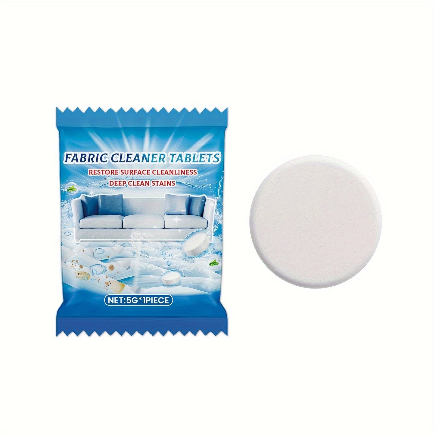 One piece of fabric cleaner tablets designed for sofas, carpets, and mattresses. Features a low odor, all-purpose citric acid formula for deep stain removal. Safe to use on all fabrics. Each tablet is 5g in size.