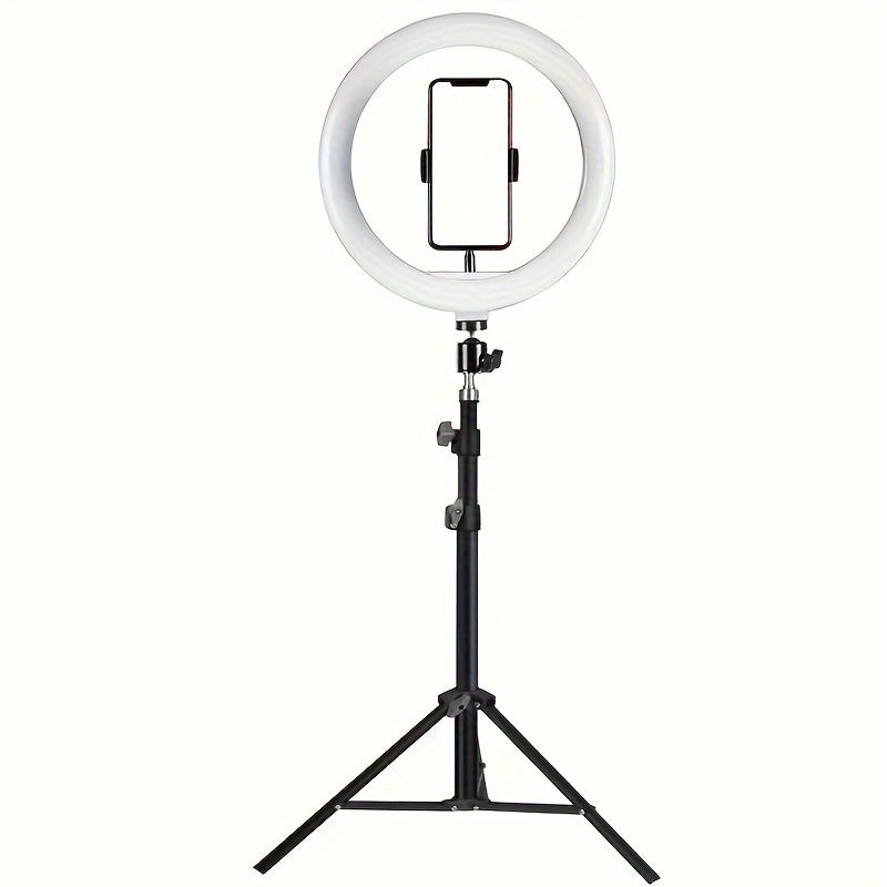 10-inch USB selfie LED light with a desktop tripod stand for iPhone and Android devices in warm, cool, and normal lighting options. Ideal for live streaming, makeup tutorials, vlogs