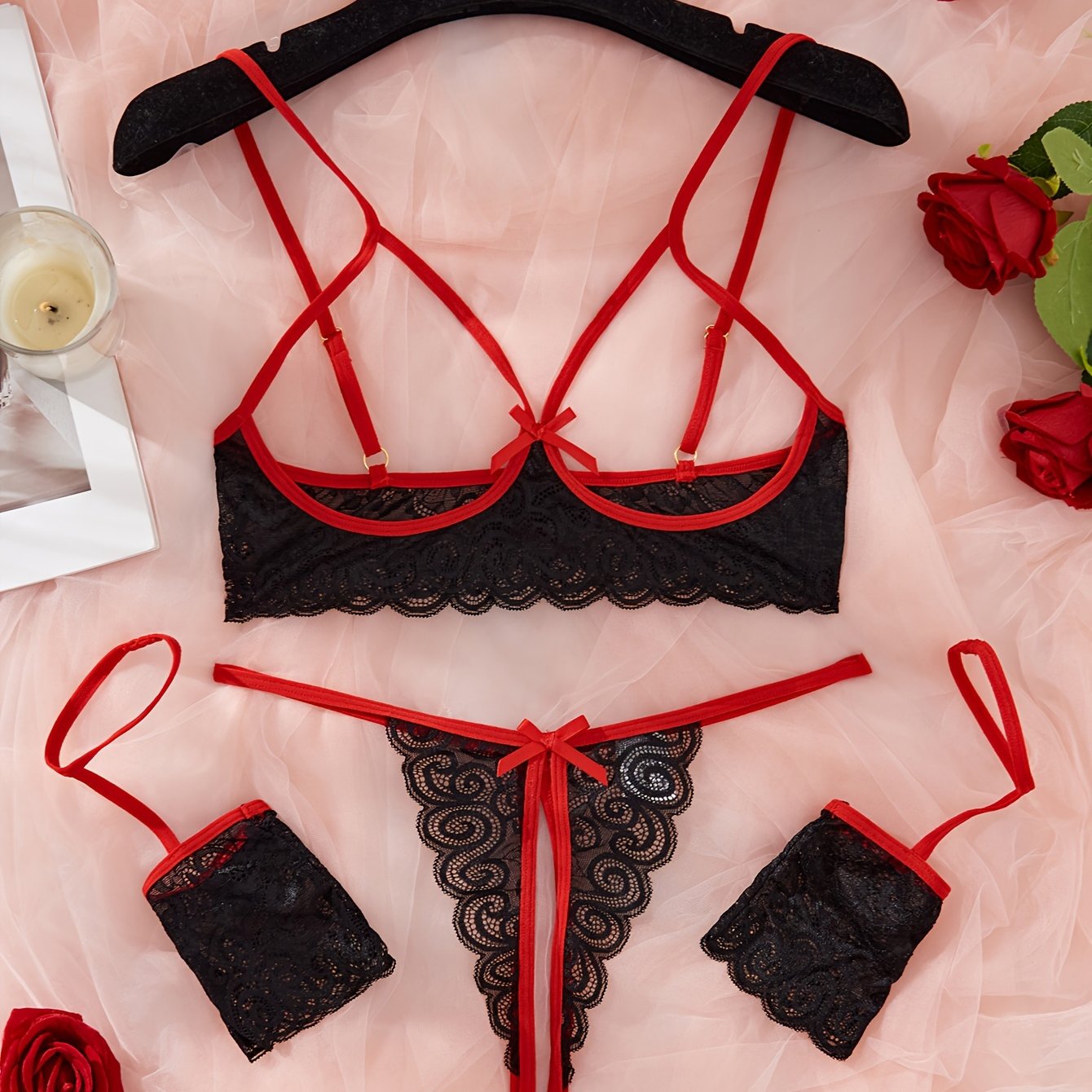 Spaghetti straps lingerie set with lace detail, featuring open crotch thong.