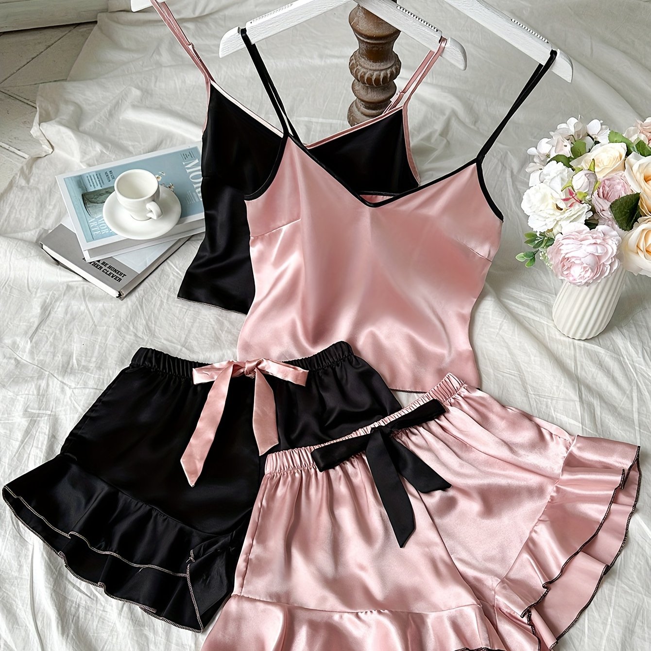 Women's cute bow suspender shorts pajama set for Valentine's Day