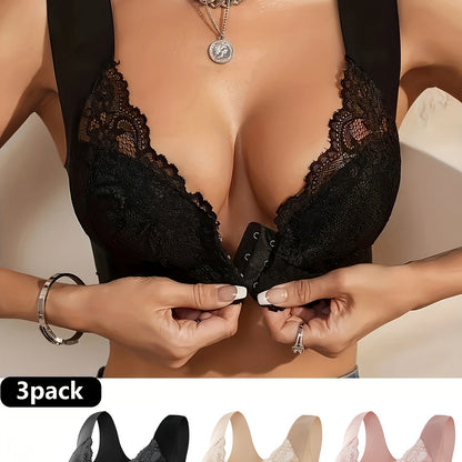 Stylish set of three lace bras for women.