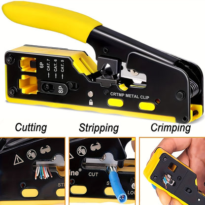 Yellow Ratcheting Modular Data Cable Crimper with Wire Stripper, Cutter, and Non-slip Grip for RJ11/RJ12 & RJ45 Connectors.